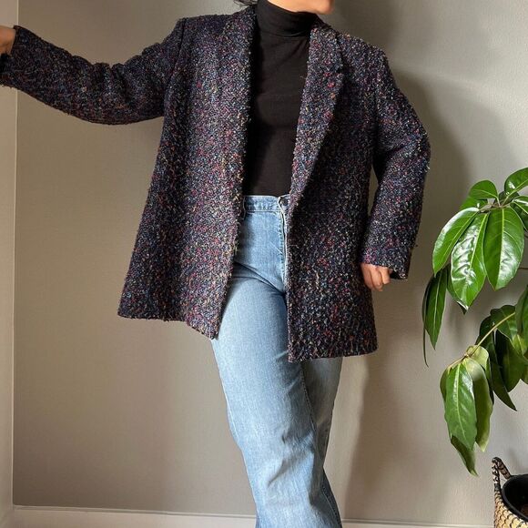 vtg y2k blue speckled boucle open front coat retro jacket‎ market blazer XL boho - Picture 3 of 9